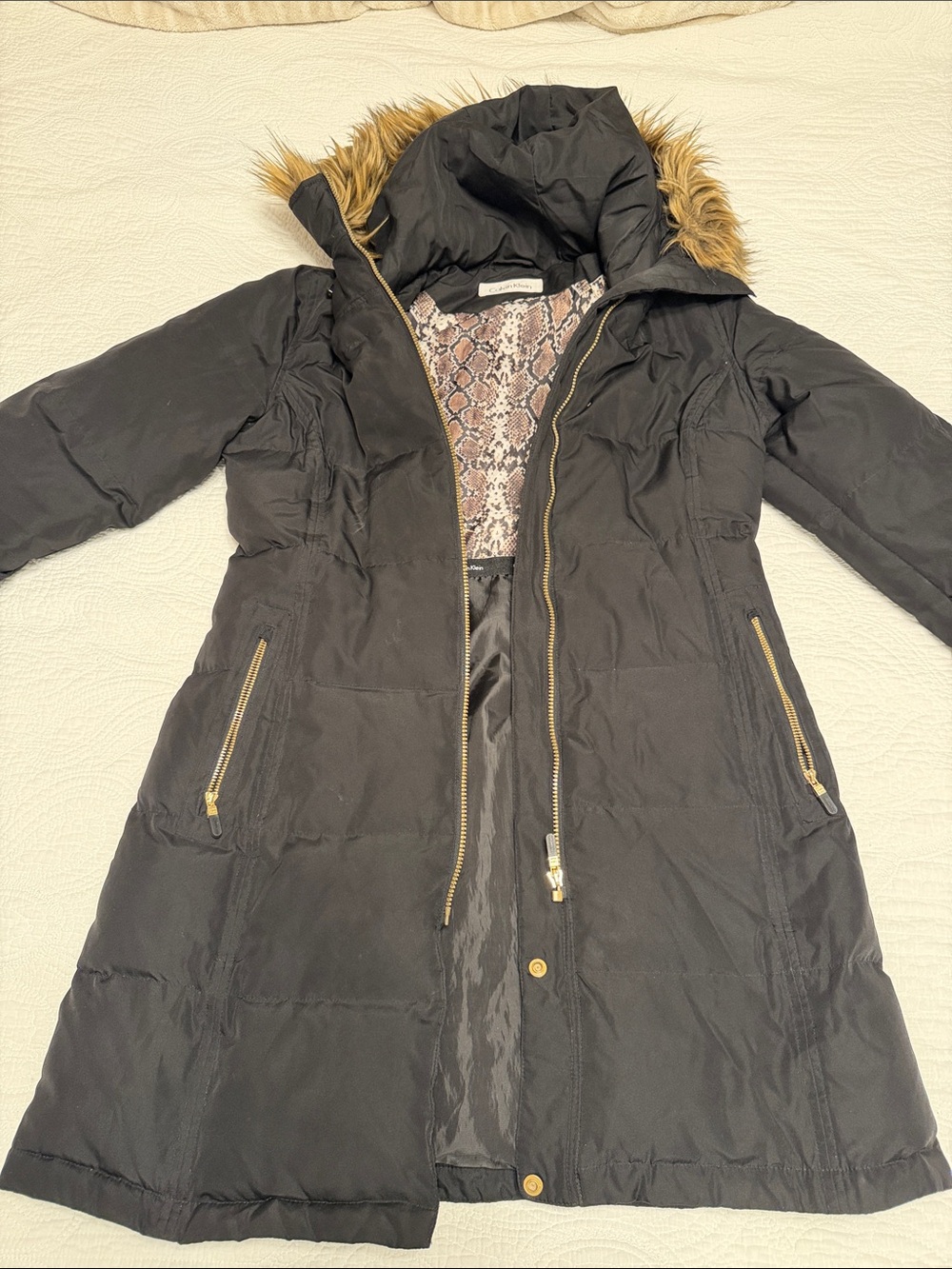 Calvin Klein Black Puffer Trench Coat with Faux-Fur Trim
